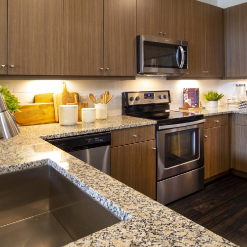 a kitchen with stainless steel appliances